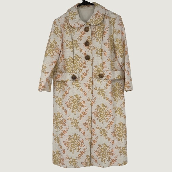 Vintage Jackets & Blazers - Vintage 60s Floral Brocade Mid Length Coat Orange Yellow Peter Pan Collar Mod
